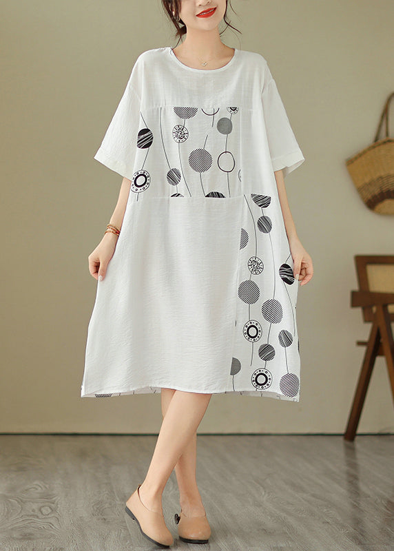Loose Black O-neck Print Holiday Long Dress Short Sleeve