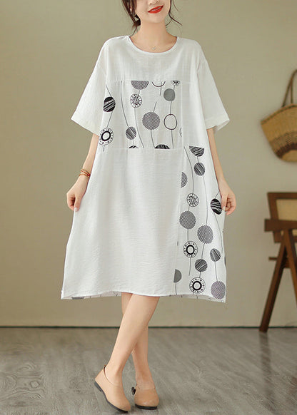 Loose Black O-neck Print Holiday Long Dress Short Sleeve
