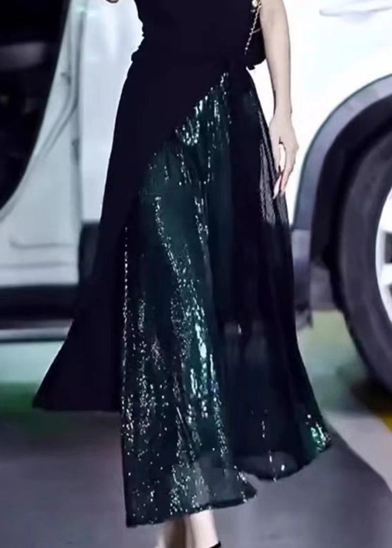 Green Sequins High Waist Silk Skirt Summer