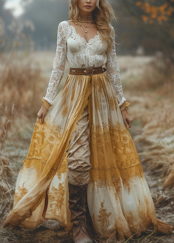V Neck Patchwork Pastoral Style Lace Long Dresses