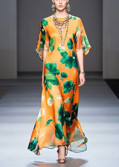 Orange Oversized Print Silk Maxi Dress Summer