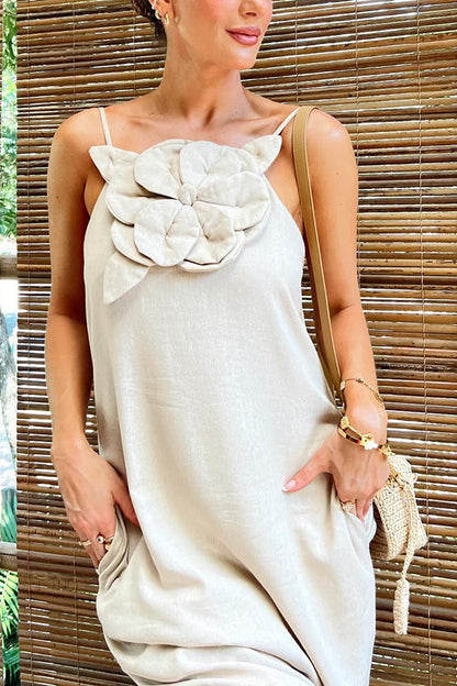 Vacay Ready Linen Blend Embellishment Pocketed Slit Maxi Dress