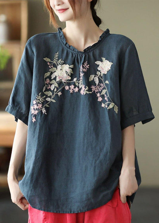 Navy Ruffled Embroidered Summer Linen Shirt