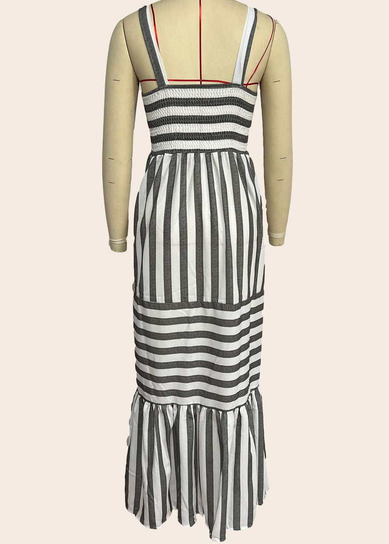Grey Striped Wrinkled Cotton Spaghetti Strap Dresses Summer