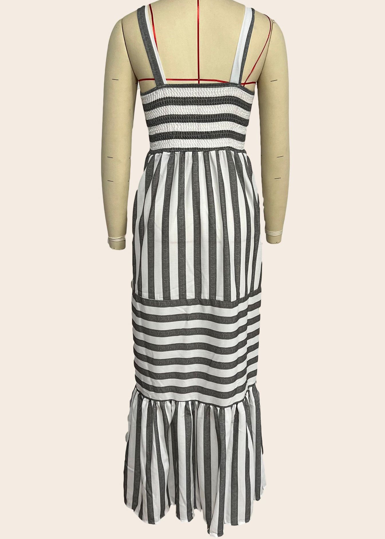 Grey Striped Wrinkled Cotton Spaghetti Strap Dresses Summer