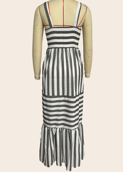 Grey Striped Wrinkled Cotton Spaghetti Strap Dresses Summer