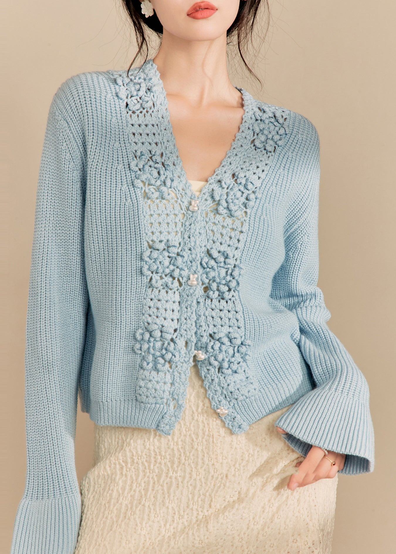 Blue V Neck Hollow Out Knit Cardigan Fall