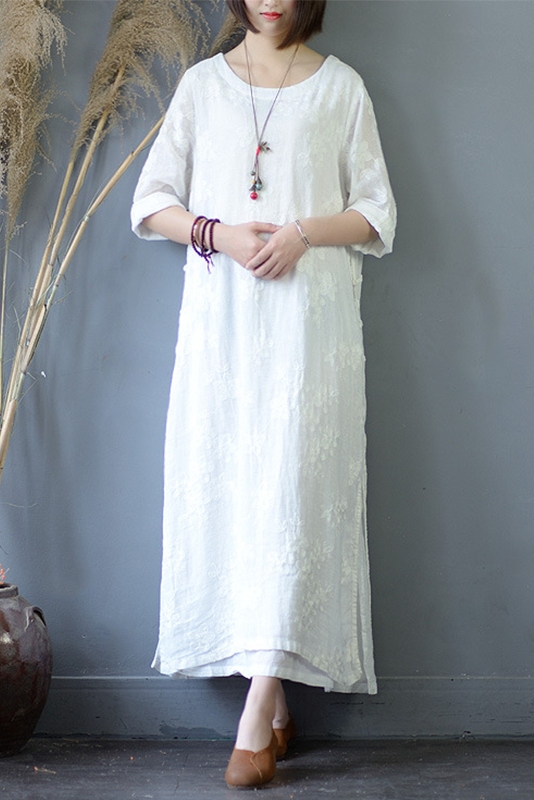 Summer White Ramie Embroidery Dress