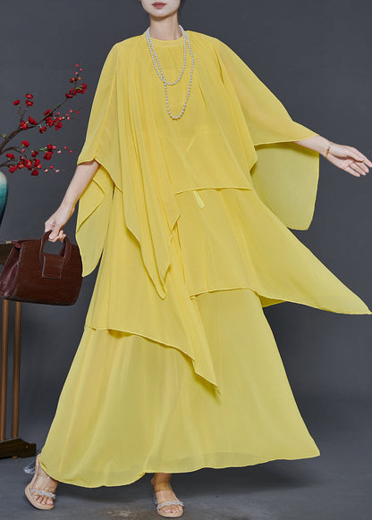 Yellow Chiffon Long Dresses Asymmetrical Design Summer