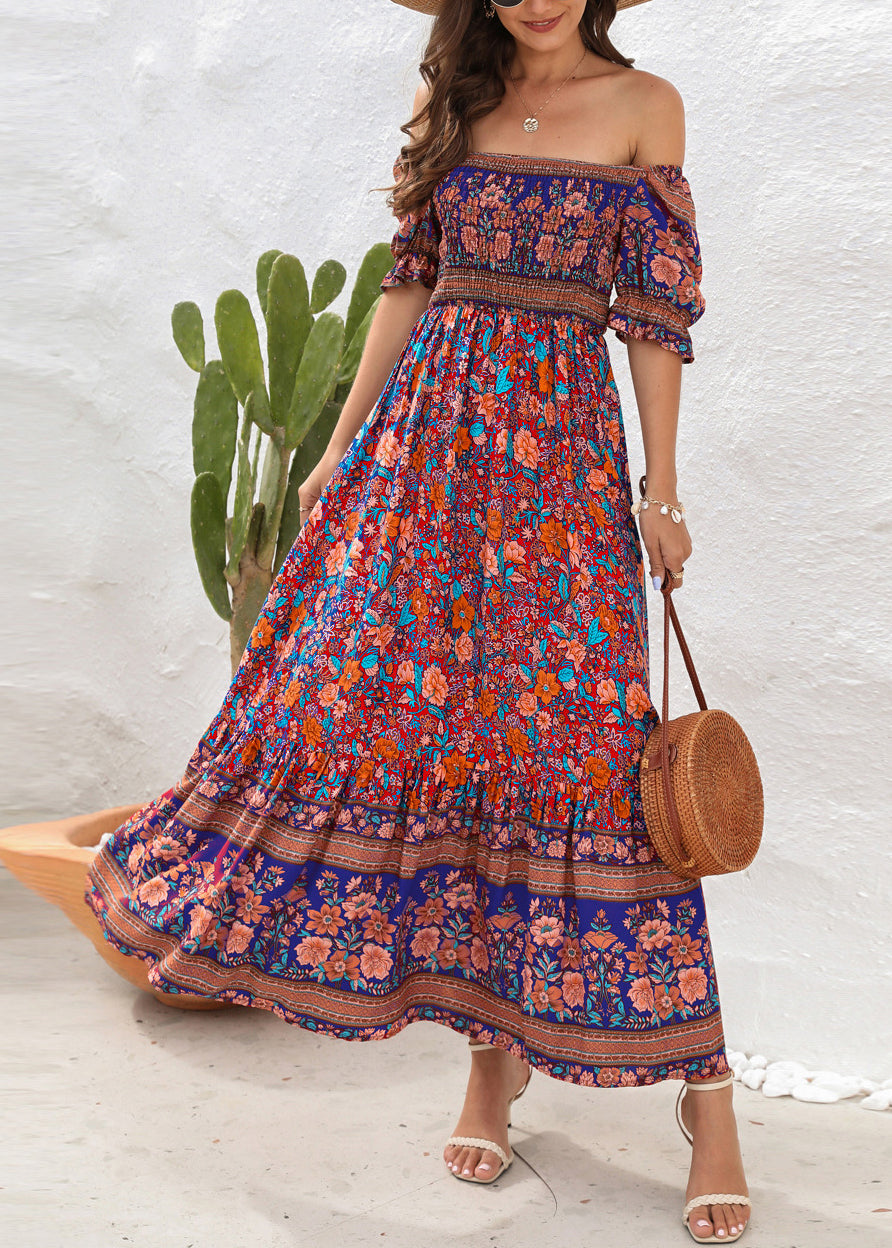 Cold Shoulder Print Wrinkled Cotton Long Dress Summer