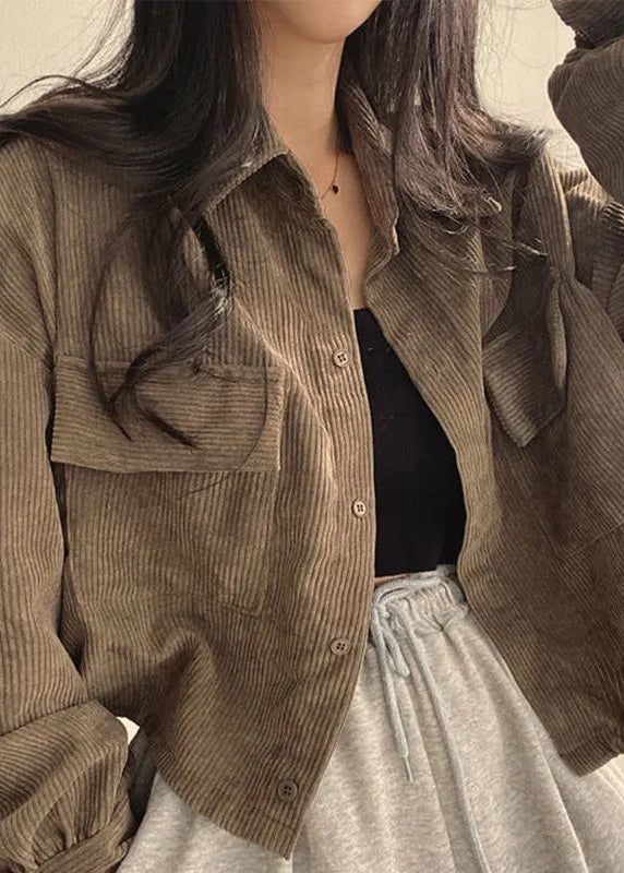 Coffee Peter Pan Collar Pockets Corduroy Short Coat Fall