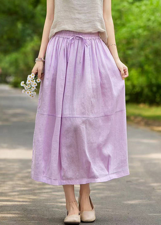 Purple Pockets Linen Summer Skirts Elastic Waist