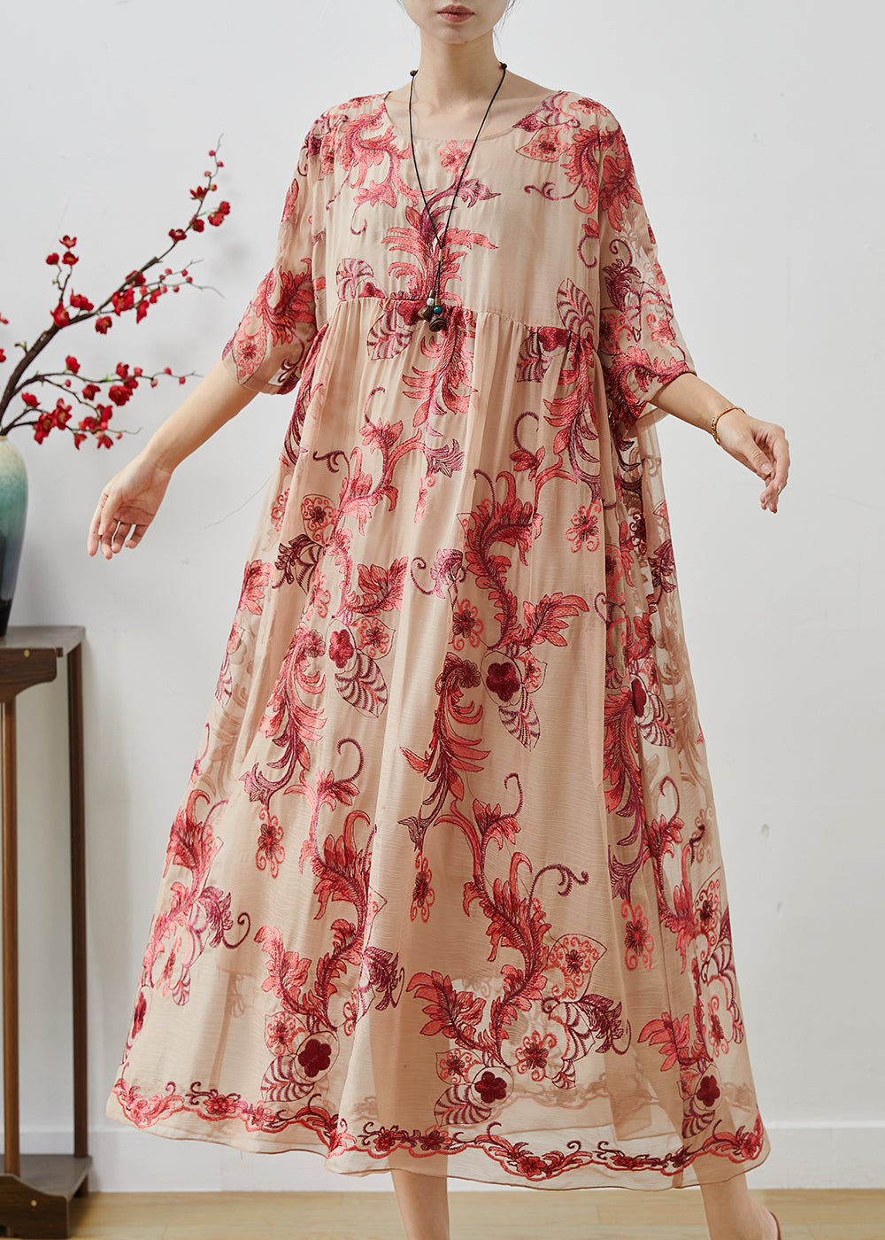 French Apricot Oversized Embroidered Chiffon Long Dresses Summer