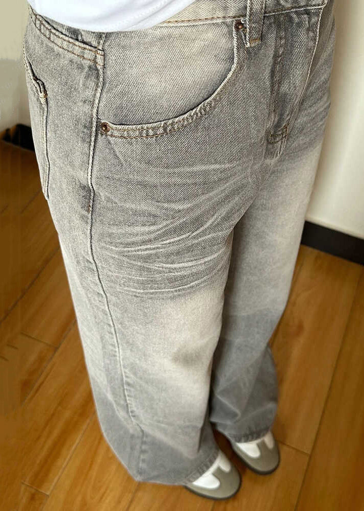 Grey Pockets High Waist Denim Wide Leg Pants Fall