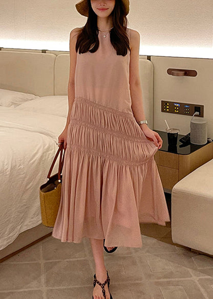 Pink Wrinkled Long Dress Sleeveless