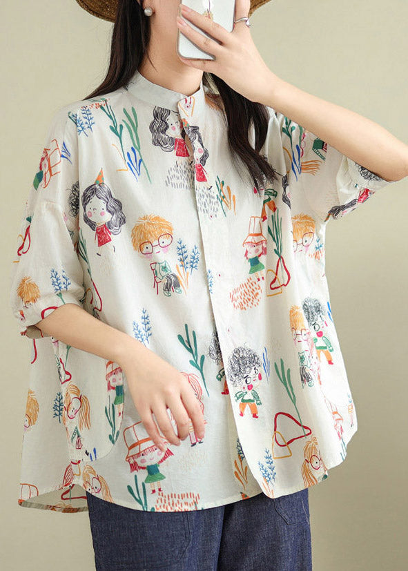 White Print Button Shirts Summer