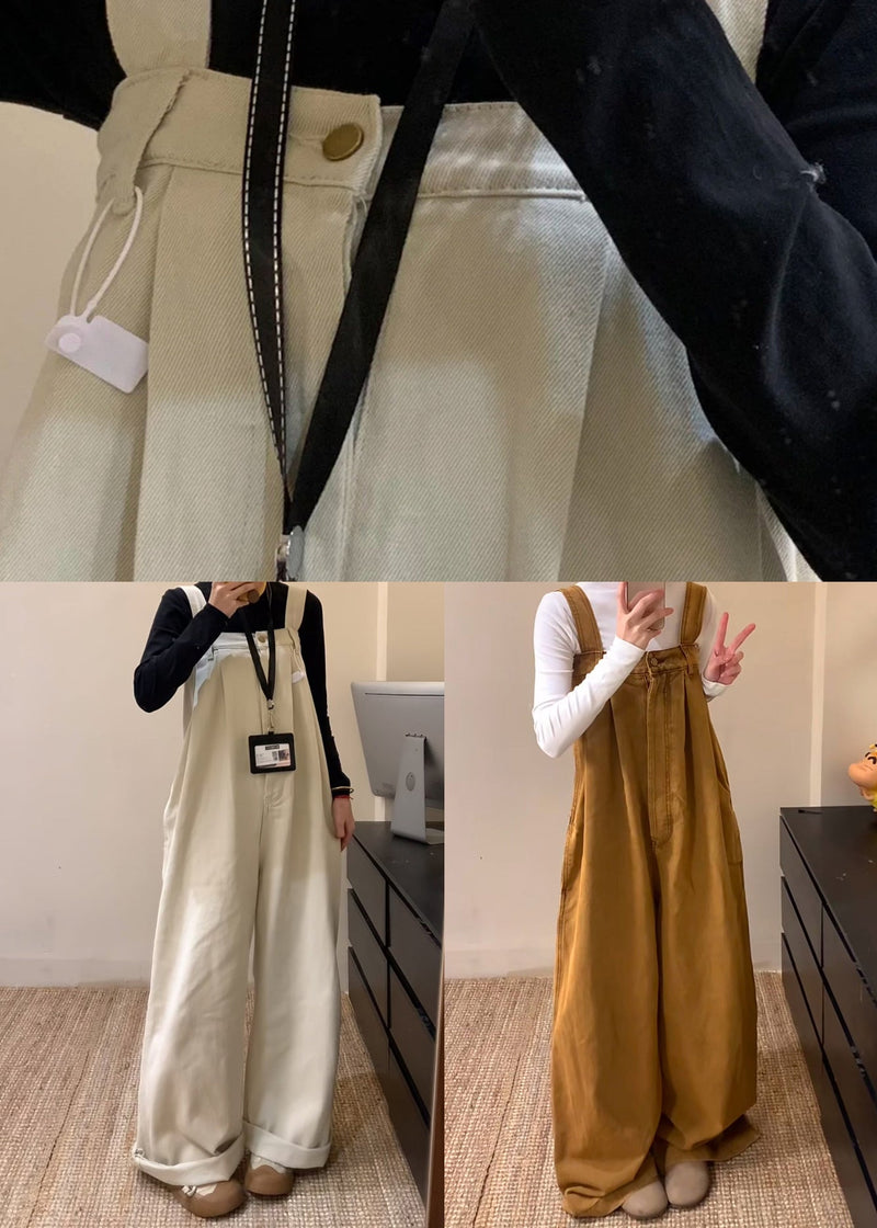 Beige Denim Wide Leg Jumpsuit High Waist Summer