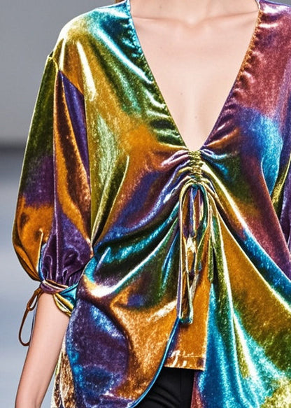 Multicolour Asymmetrical Drawstring Silk Velour Shirt Top Fall