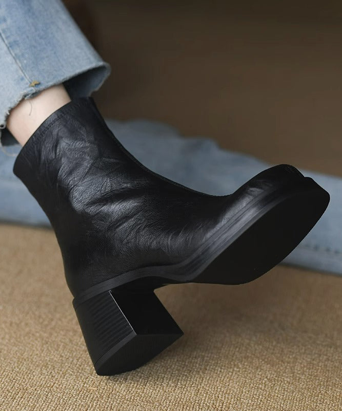 Zippered Splicing Chunky Heel Boots Black Faux Leather