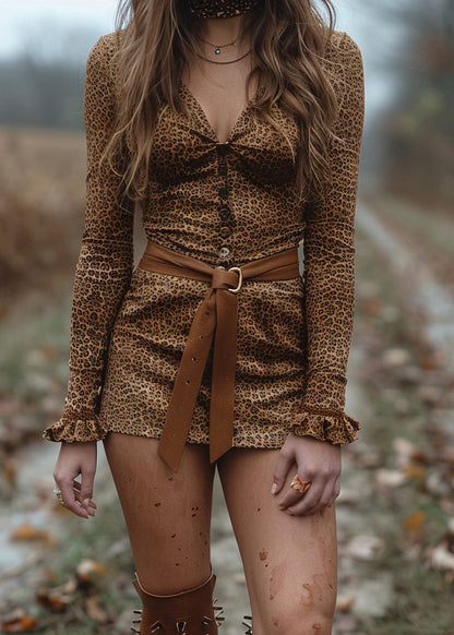Leopard V Neck Ruffled Cotton Mini Dress Spring