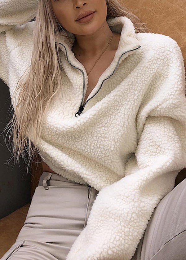 White Zip Up Patchwork Faux Fur Pullover Tops Fall