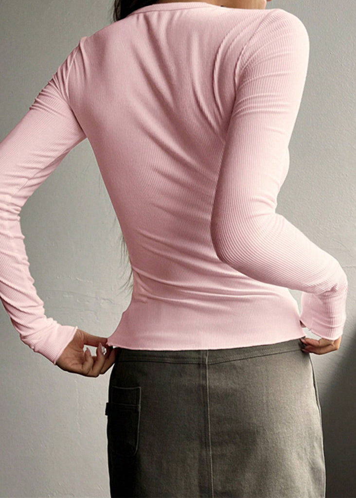Pink O Neck Button Slim Fit Knit Top Fall