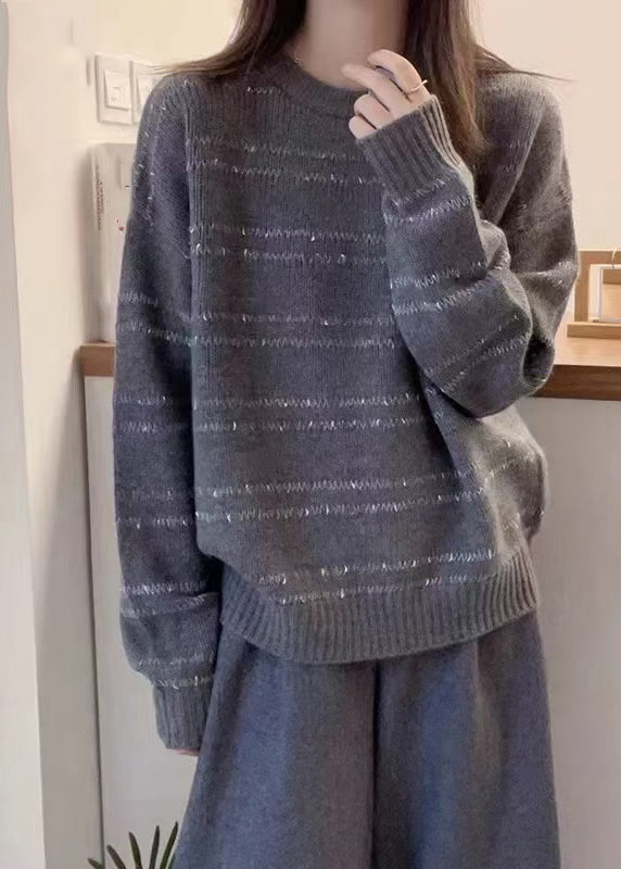 Dark Grey O-neck Striped Wool Knit Sweater Fall