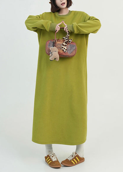 Green O Neck Long Cotton Straight Dress Fall