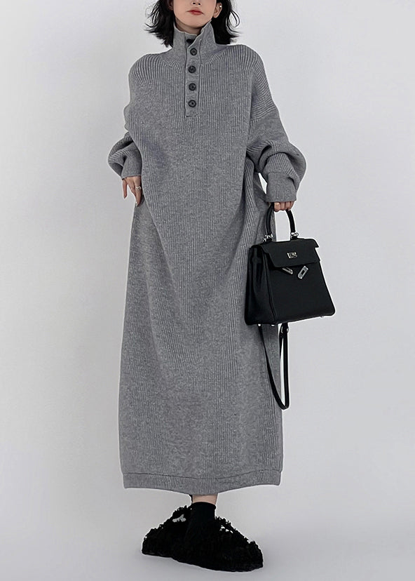 Grey Hign Neck Button Long Knit Sweaters Dress Winter