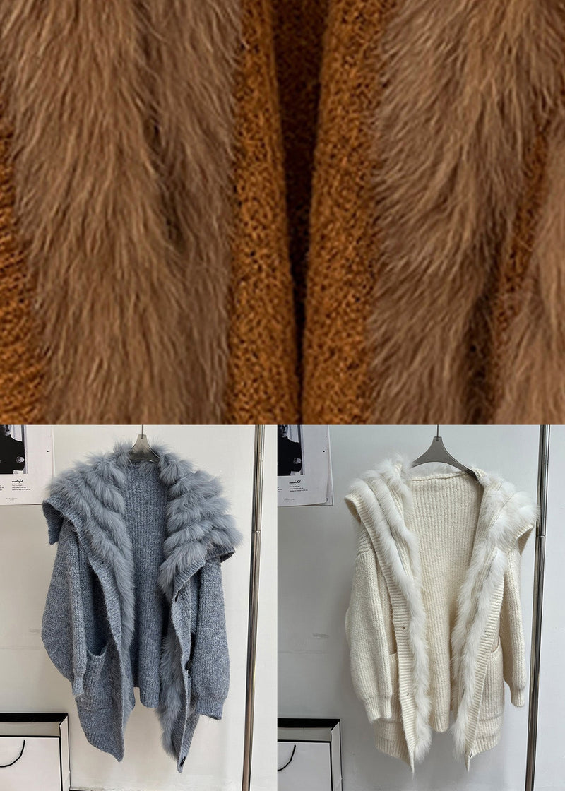 Brown Fox Collar Pockets Patchwork Knit Coats Fall