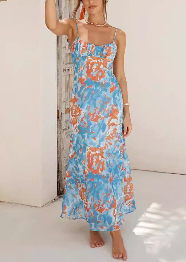 French Light Blue Print Cotton Spaghetti Strap Dress Summer