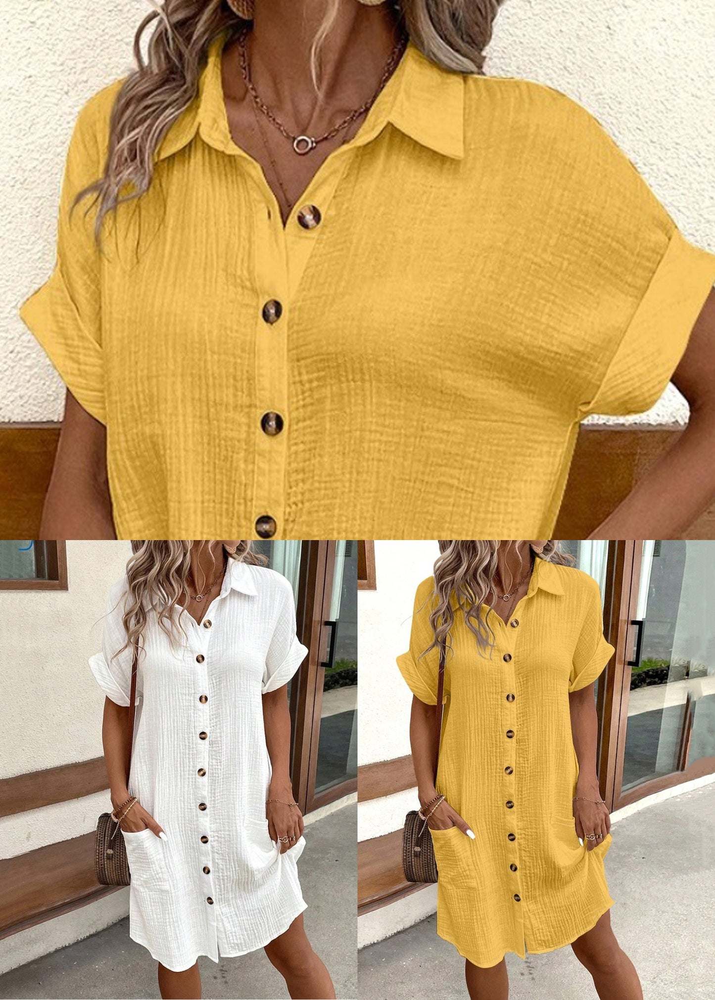 Yellow Button Cotton Dress Peter Pan Collar Short Sleeve