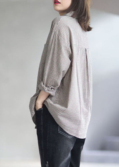 Grey Peter Pan Collar Button Striped Shirts Spring