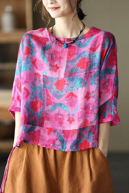 Print Ramie Loose Cinched T-shirt
