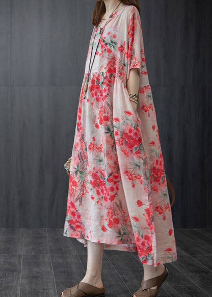 French Red Wrinkled V Neck Linen Long Dress Short Sleeve