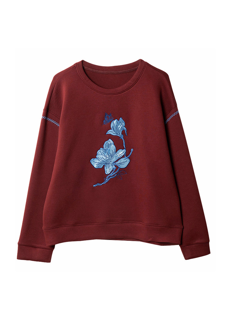 Red O-neck Embroidered Cotton Sweatshirt Spring