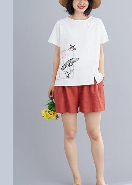 Fitted White Embroidered Lotus Blouse Tops Summer Cotton Linen