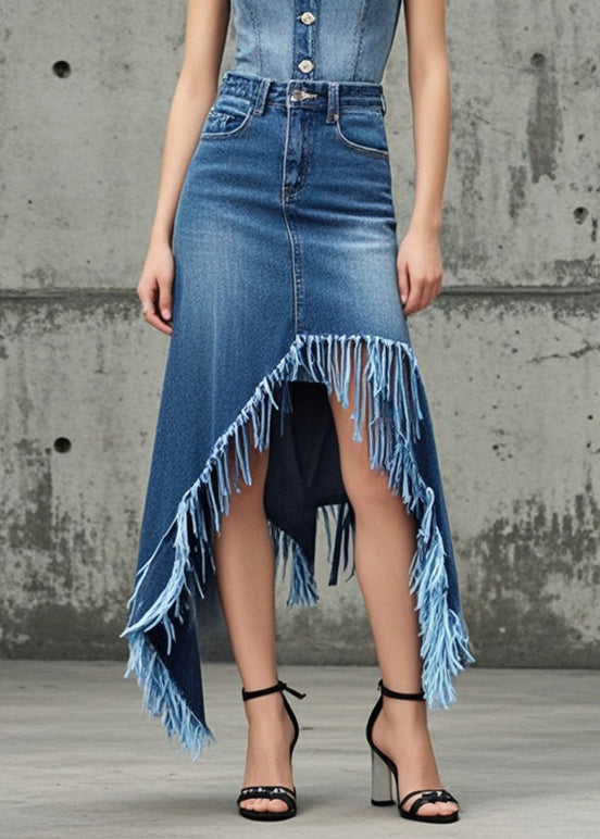 Blue Tasseled Asymmetrical Design Denim Skirt Fall