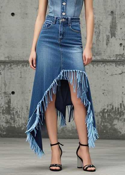 Blue Tasseled Asymmetrical Design Denim Skirt Fall