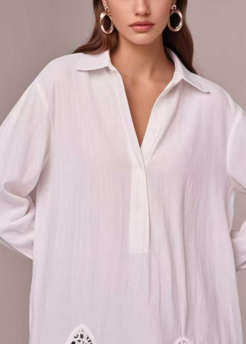 Stylish White Oversized Patchwork Cotton Long Shirts Spring