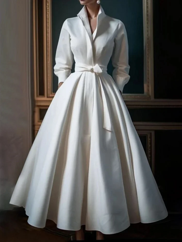 Simple Color Stand Collar Midi Shirt Dress