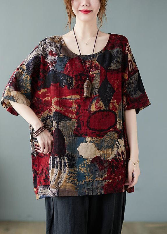 Red O Neck Print Patchwork Cotton T Shirt Summer