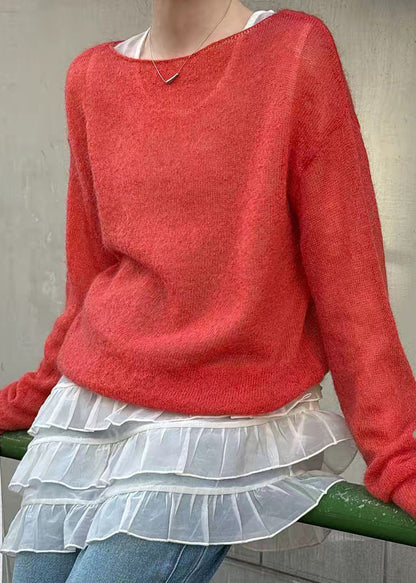Red Patchworkma Hai Mao Knit Top Long Sleeve