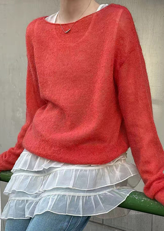 Red Patchworkma Hai Mao Knit Top Long Sleeve