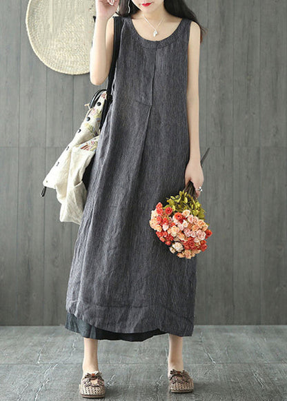 Black O Neck Pockets Linen Long Dresses Sleeveless