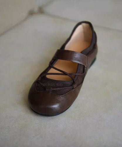 Brown Faux Leather Cross Strap Splicing Flat Shoes for