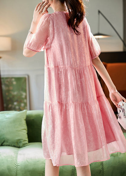Pink V Neck Lace Patchwork Chiffon Long Dresses Short Sleeve