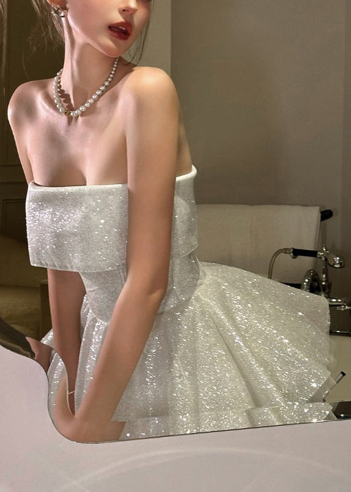 White Slash Neck Lace Up Patchwork Party Dress Sleeveless