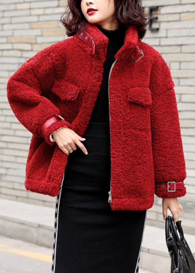 Loose Red Zippered Patchwork Teddy Faux Fur Coat Winter