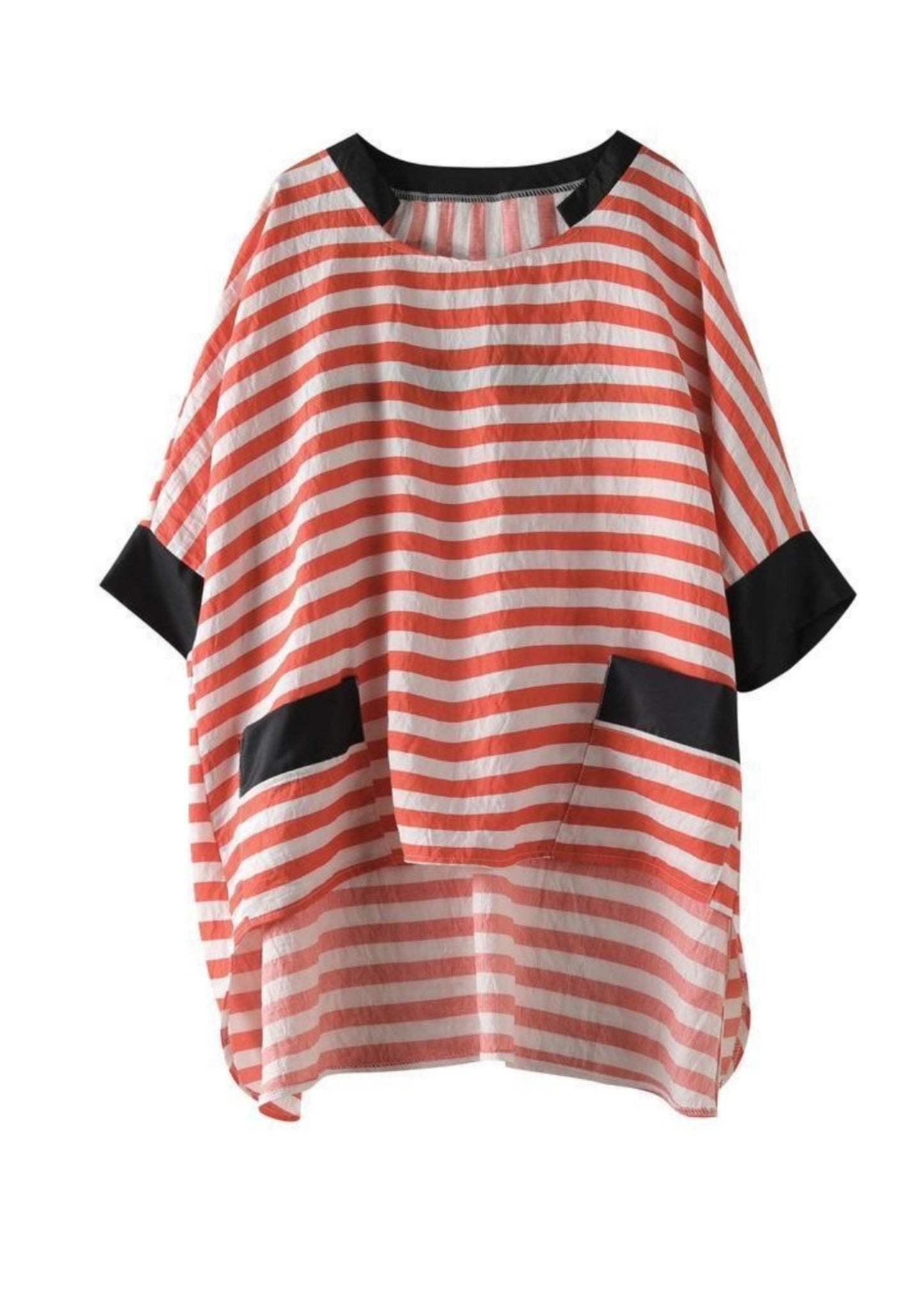 Black O Neck Striped Low High Design Cotton Shirt Top Summer